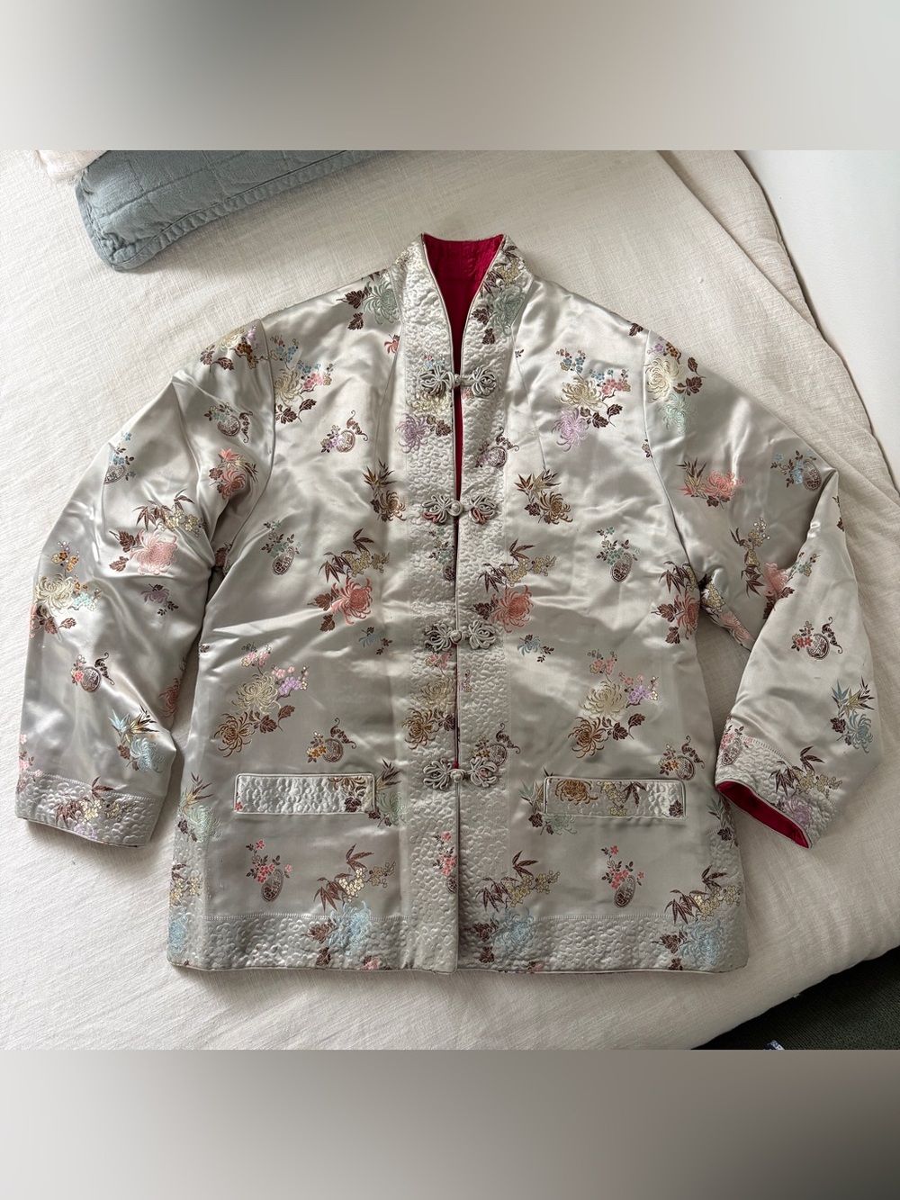 Vintage 70s Folz Squirrel Reversible Chinese Brocade Satin Jacket S Floral Rayon